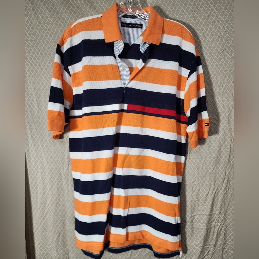Tommy Hilfiger Vintage Striped Polo Shirt - Orange, White, Navy Men's Medium